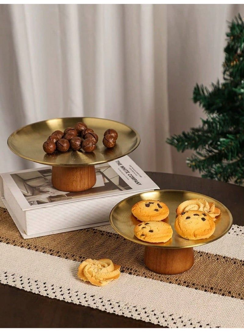 دائرة مربعة طقم حامل فواكه وكيك من قطعتين من الستانلس ستيل مع قاعدة خشبية، صحن تقديم ذهبي فاخر، سهل التركيب مع لاصق تثبيت، مناسب لرمضان والضيافة - Image 3